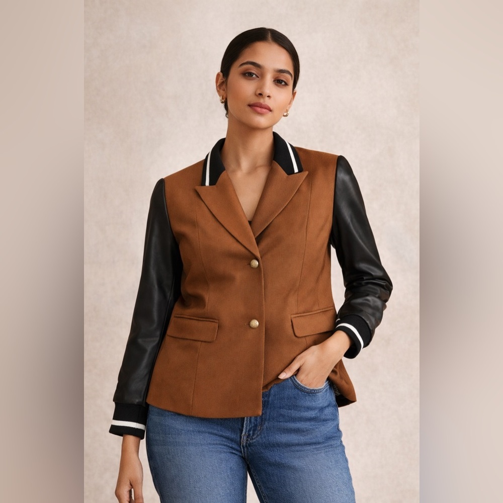 Brown Wool-Blend Blazer with Black Faux-Leather Sleeves - Picture 2 of 4